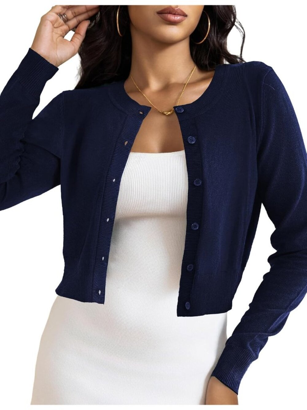 Women's Navy Blue Crew Neck Cropped Button Down Long Sleeve Cardigan Sweaters